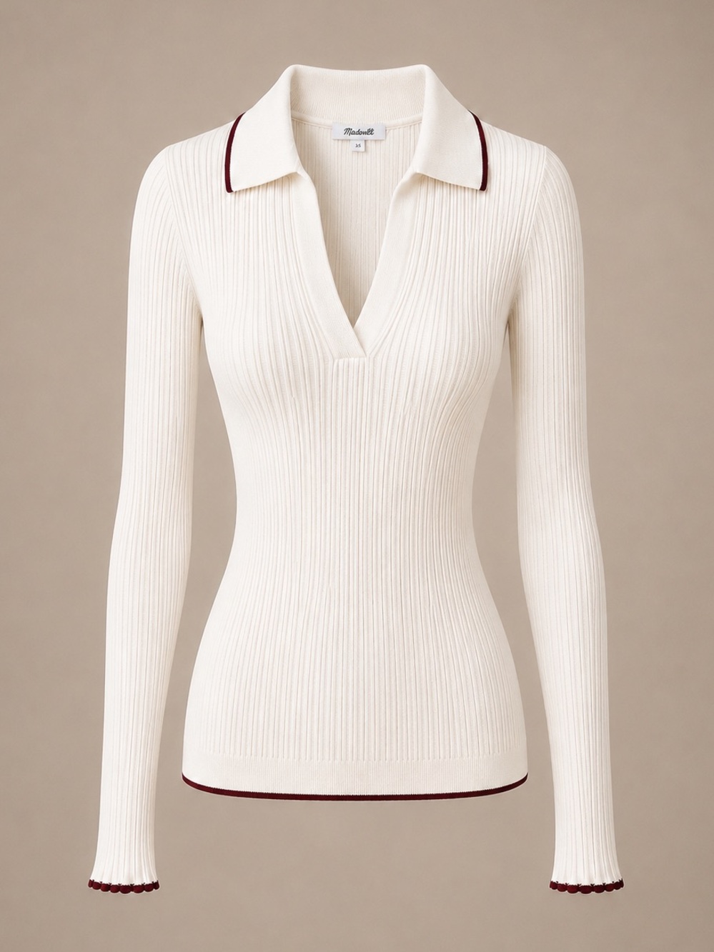 NWT Madewell White V Neck Ribbed Collared Sweater XS Quiet Luxury Minimalist